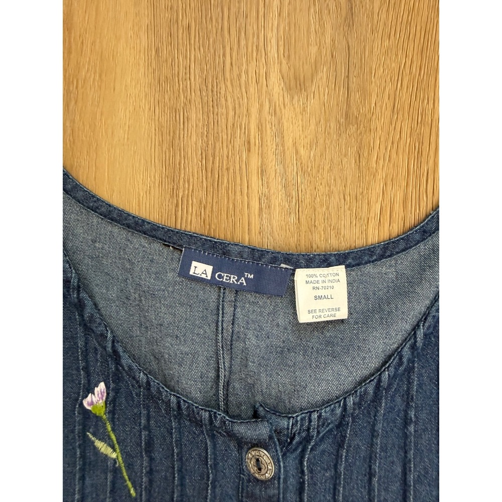 Vintage Denim Floral Embroidered Dress Small Cottage Prairie Blue Cotton Western - Picture 3 of 7